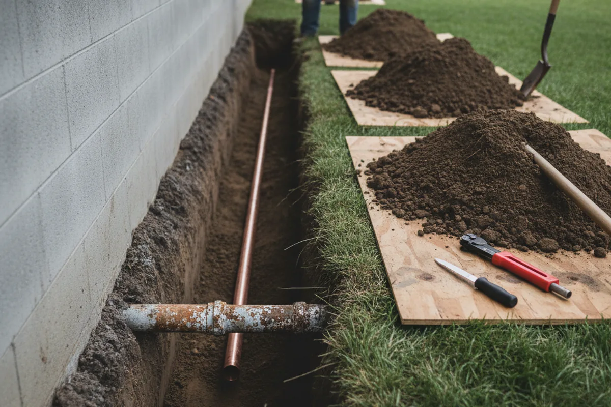 Excavated water line trench during Sewer Line Repair in Schiller Park